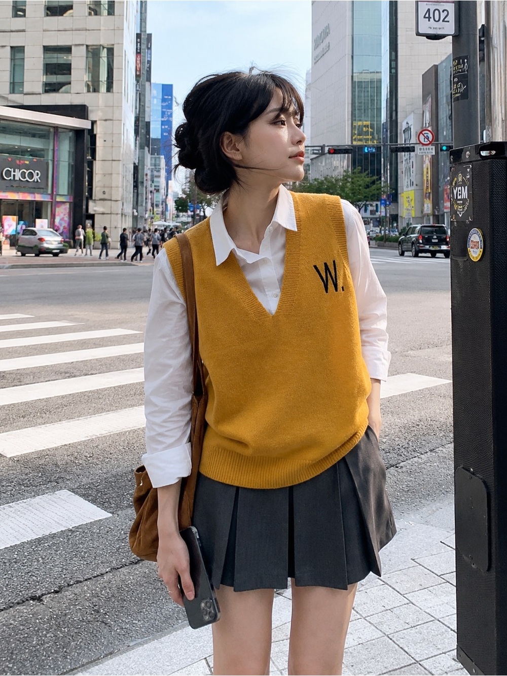 Mustard Yellow V-Neck Knit Vest with 'W.' Detail